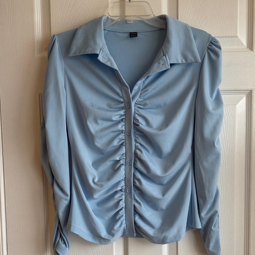 SHEIN Light Blue Ruched Blouse
